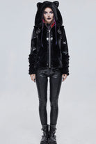 Black Punk Cuff Pleated Design Metal Five-Pointed Star Shape Belt Decoration Cat Ear Women's Coat