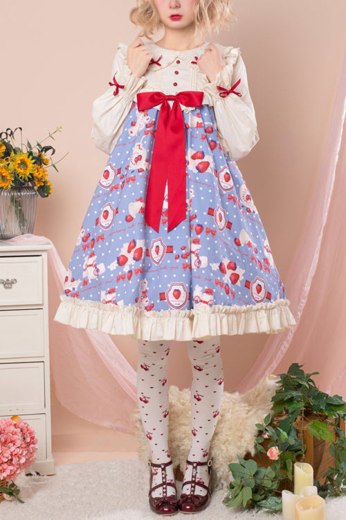 Round Collar High Waist Strawberry Milk Jar Printed Sweet Lolita OP Dress