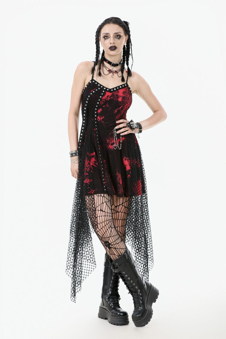 Red Sleeveless Mesh Hem Asymmetric Tie-dyed Women's Punk Slip Dress