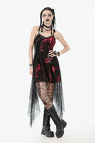 Red Sleeveless Mesh Hem Asymmetric Tie-dyed Women's Punk Slip Dress