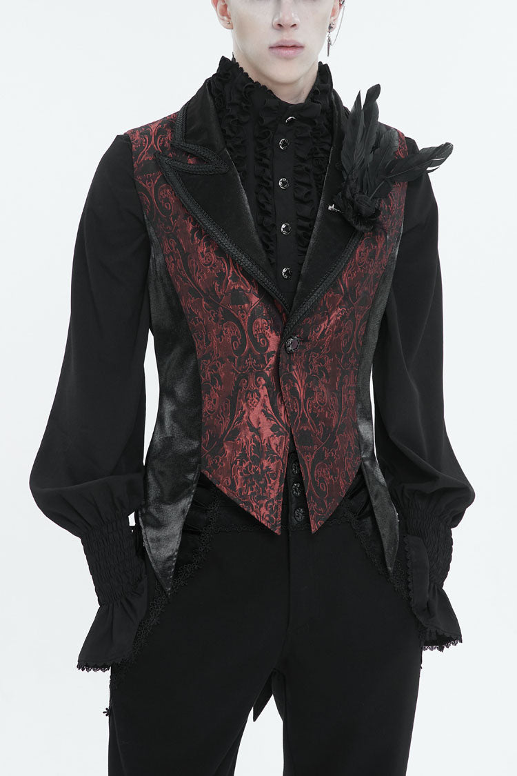 Black/Red Vintage Dark Pattern Men's Gothic Vest With Brooch