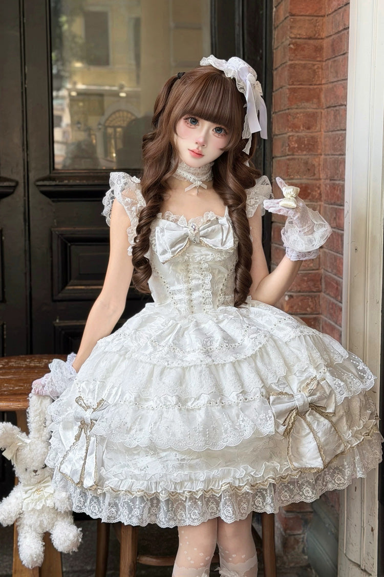 White [Day and Night Duality] Square Collar Sleeveless Multi-Layered Jacquard Ruffled Bow Lace Sweet Lolita Jsk Dress