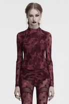 Red Moon Print Mesh Ruched Women's Gothic Blouse