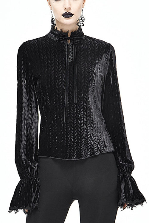 Black Pleated Velvet Trumpet Sleeves Womens Gothic Blouse