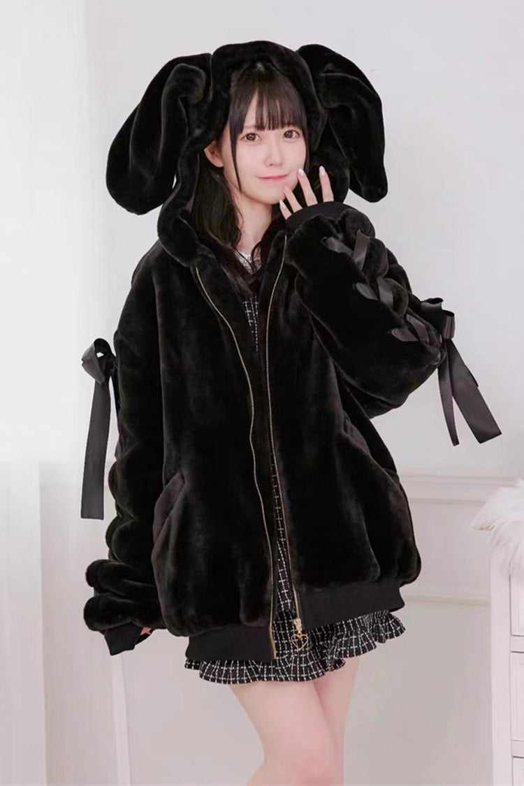 Black Rabbit Ears Long Sleeves Bowknot Lace-Up Hooded Jirai Kei Coat