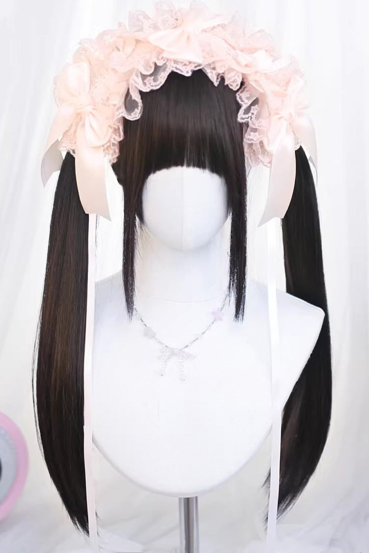Deep Black Tea Brown Long Straight Twin Pigtails Daily Sweet Lolita Wig