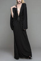 Black Frog Button Sexy Bat Sleeve Deep V Neck Gothic Womens Dress