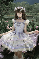 [Wind Chime Poem] Square Collar Flutter Sleeves Triple-Layered Printed Ruffled Bow Sweet Lolita Jsk Dress 4 Colors (Blue, Pink, Purple, Green)
