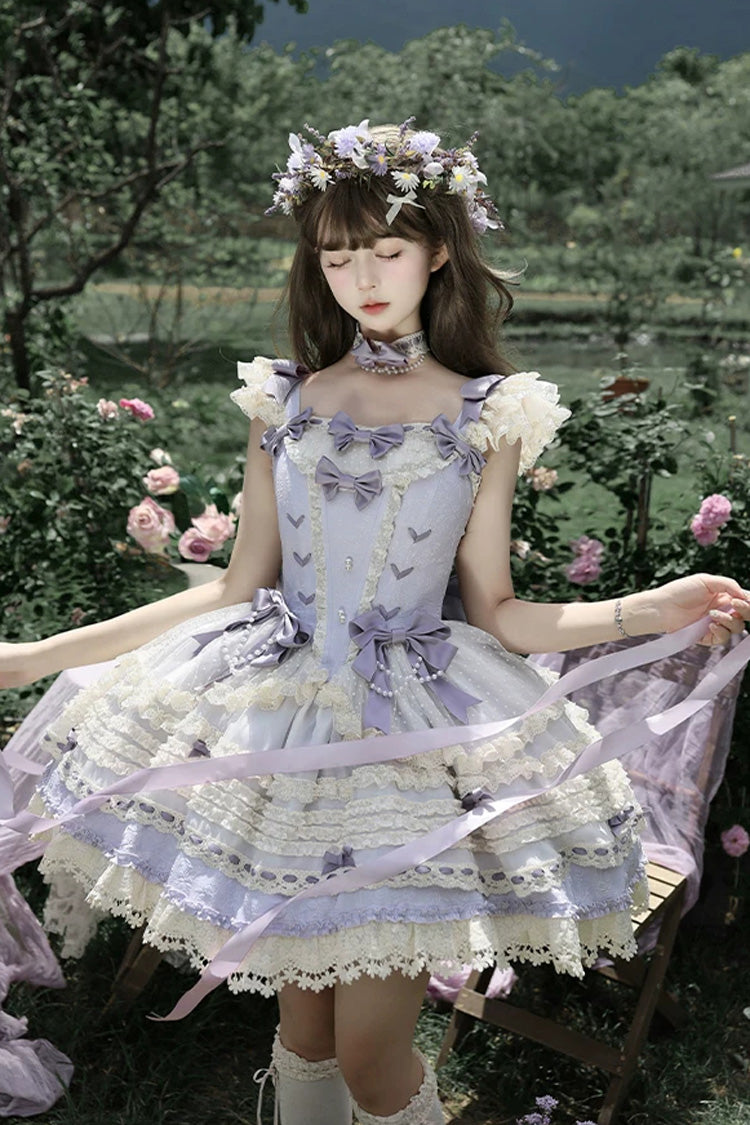 [Wind Chime Poem] Square Collar Flutter Sleeves Triple-Layered Printed Ruffled Bow Sweet Lolita Jsk Dress 4 Colors (Blue, Pink, Purple, Green)