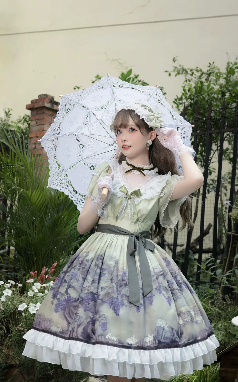 Grape Manor - Back Zipper Classic Lolita OP Dress, Bunny and Grape Print