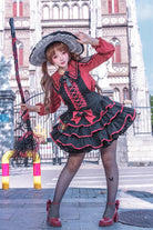 Black/Red [Showa Cake] Sleeveless Triple-Layered Ruffled Bow Lace-Up Witch Gothic Lolita Jsk Dress