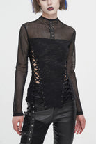 Black Strappy Mesh Splice Ruched Women's Punk Shirt