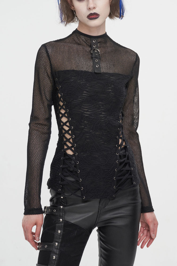 Black Strappy Mesh Splice Ruched Women's Punk Shirt