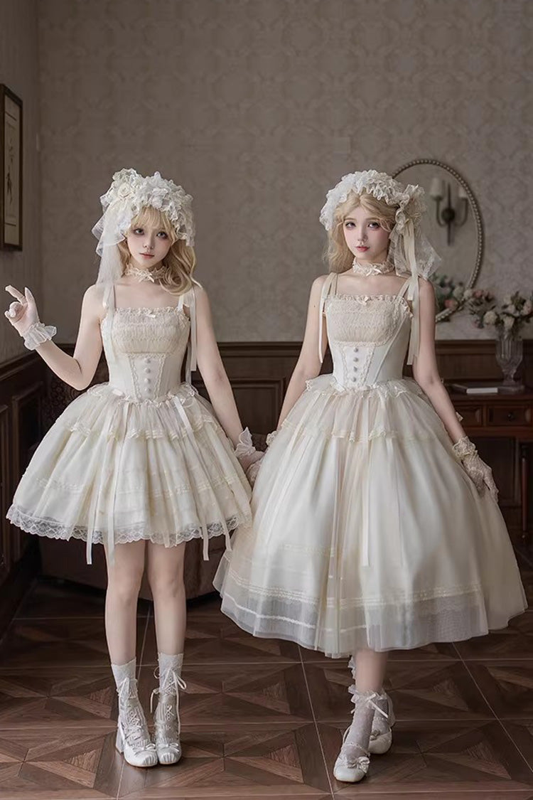 Ivory [Letters and Poems · Confession Poem] Square Collar Sleeveless Ruffled Bow Lace Fishbone Sweet Lolita Jsk Dress 2 Versions