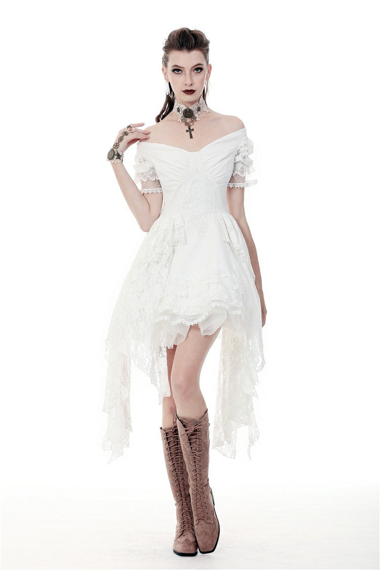 White Off Shoulder Lace Short Sleeves Lace-Up Women's Steampunk Luxurious Wedding Graduation Dress