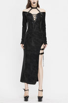Black Punk Side High Fork Sexy Slim Fit Long Womens Dress With Chocker