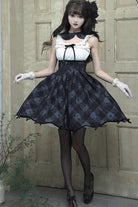 Black [Swan] Short Sleeves Plaid Print Sweet Elegant Princess Lolita Dress Short Version