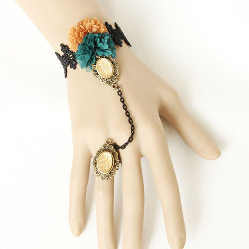 Retro Fashion Personality Halloween Black Lace Dark Green Orange Flower Female Lolita Ring Bracelet
