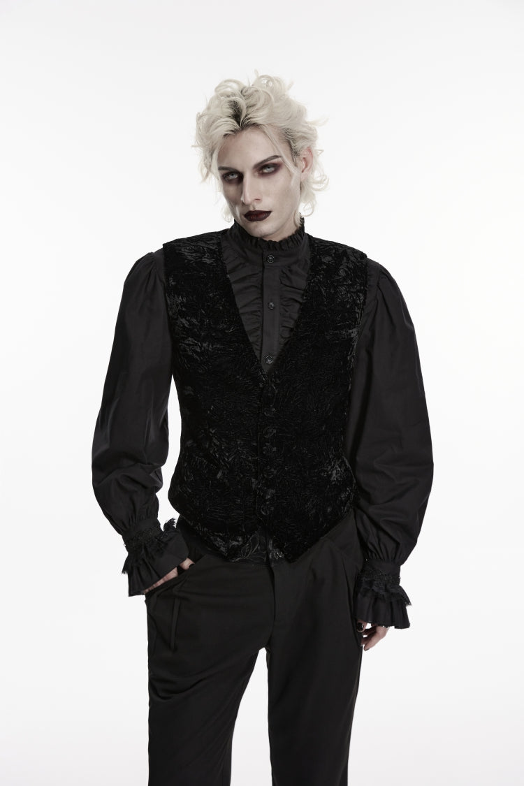 Black V Collar Printed Slim Buckled Men's Gothic Retro Velvet Vest