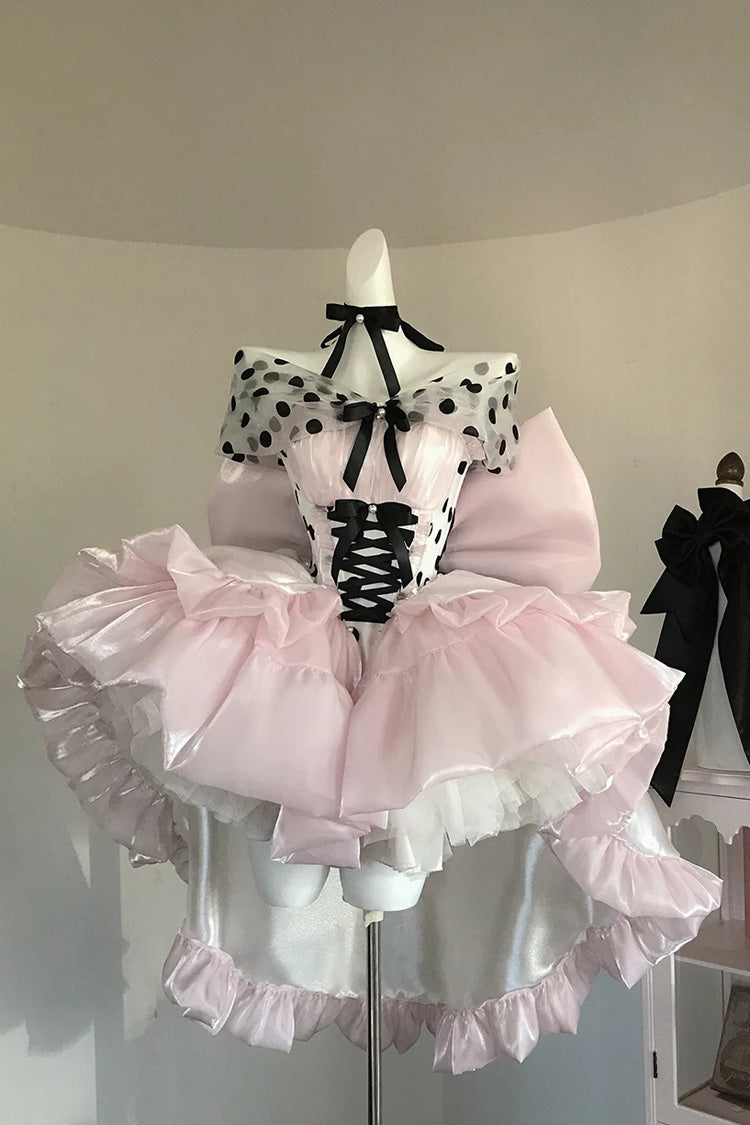 Pink [Polka Dot × Gown Coronation] Sleeveless Printed Ruffled Bow Lace-Up Princess Gorgeous Sweet Lolita Dress