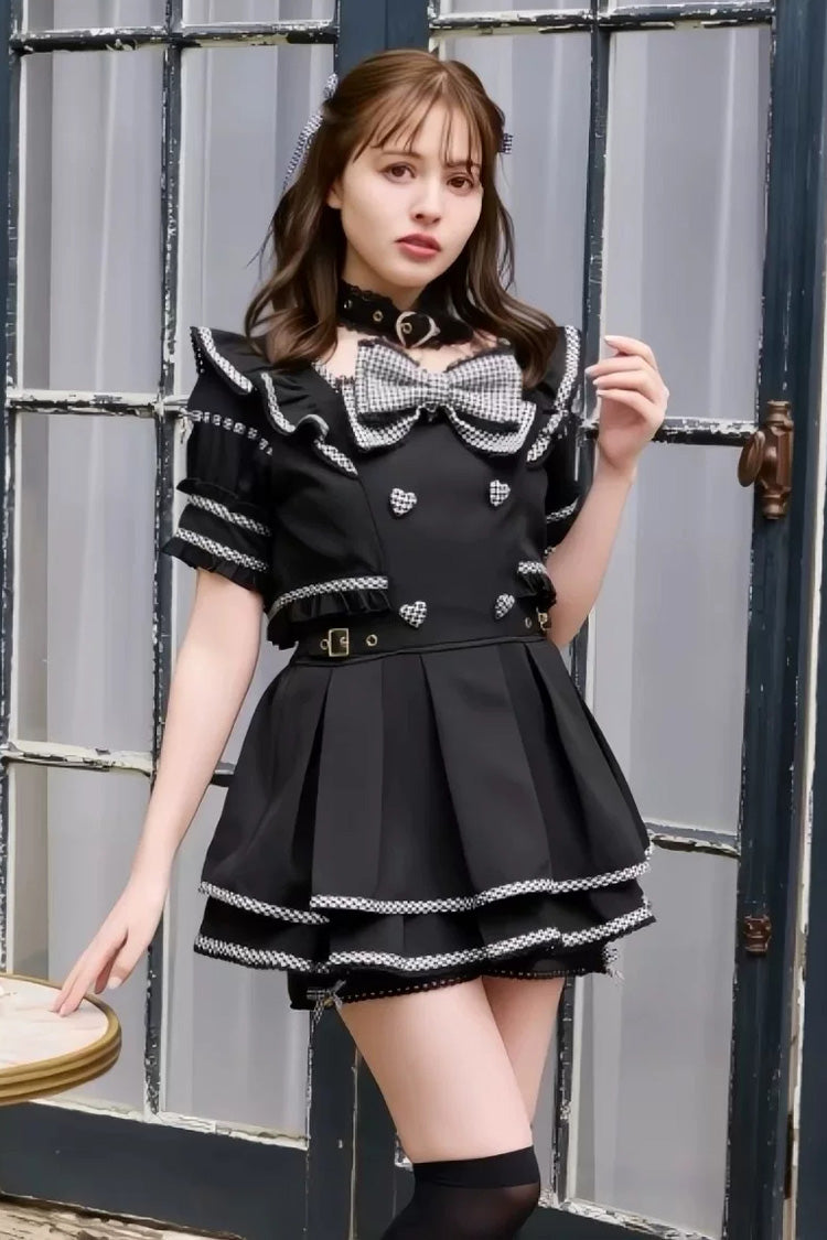 Jirai Kei Square Collar Short Sleeves Printed Bow Sweet Plus Size Japanese Dress Shorts Set 3 Colors