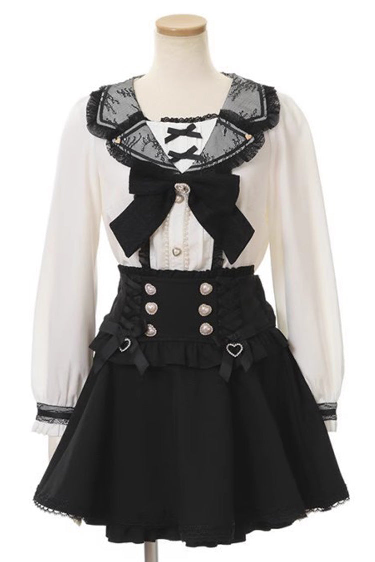 Navy Collar Long Sleeves Bowknot Lace Sweet Jirai Kei Vintage Blouse 2 Colors