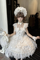 White [Cloudborne Snowfeather] Sleeveless Multi-Layered Hanayome Bowknot Pearl Gothic Lolita Jsk Dress