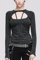 Black Hollow Out Long Sleeves Womens Punk Straps T-Shirt