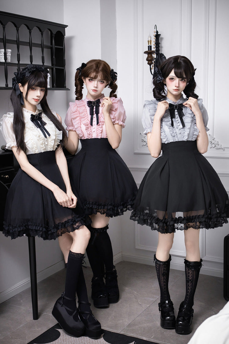 Black [Miss Lola · Snow Kiss] Stand Collar Short Puff Sleeves Ruffled Color-Blocked Faux Two-Piece Sweet Lolita Dress 3 Colors