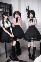 Black [Miss Lola · Snow Kiss] Stand Collar Short Puff Sleeves Ruffled Color-Blocked Faux Two-Piece Sweet Lolita Dress 3 Colors