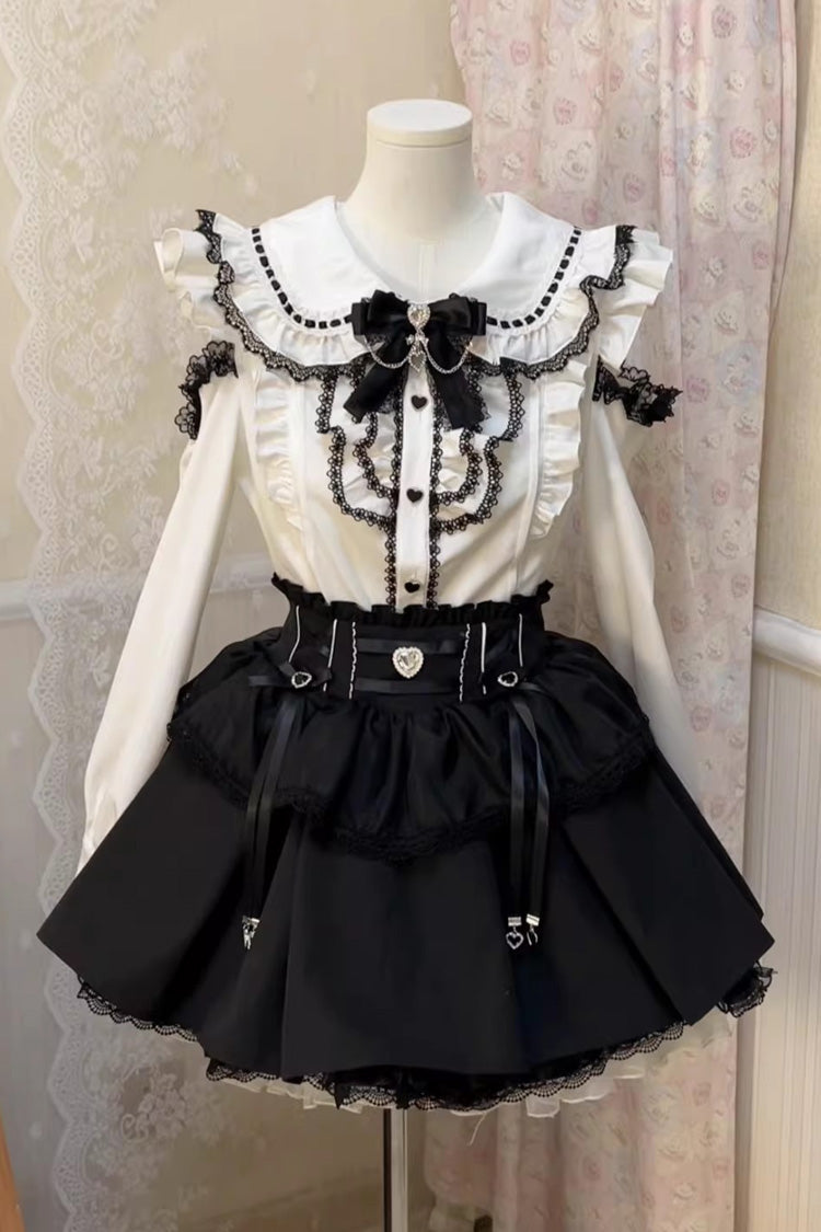 Black/White Doll Collar Long Sleeves Ruffled Bow Sweet Jirai Kei Skirt Set