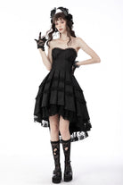 Black Sleeveless Lace-Up Women's Gothic Lace Multi-Layered High/Low Slip Wedding Graduation Dress
