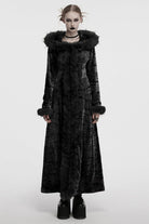 Black Long Sleeves Faux Fur Stitching Lace-Up Hooded Women's Gothic Coat