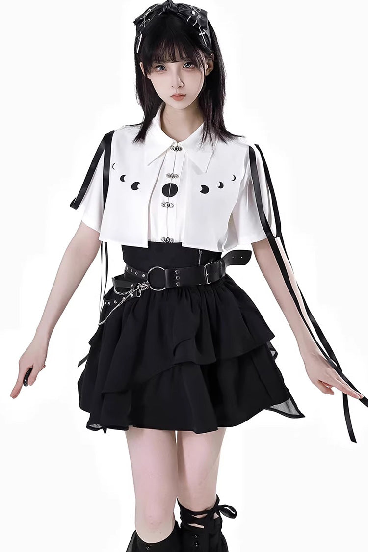White/Black [Moonlight Flowing] Long/Short Sleeves Ruffled Asymmetric Gothic Jirai Kei Skirt Set