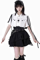 White/Black [Moonlight Flowing] Long/Short Sleeves Ruffled Asymmetric Gothic Jirai Kei Skirt Set