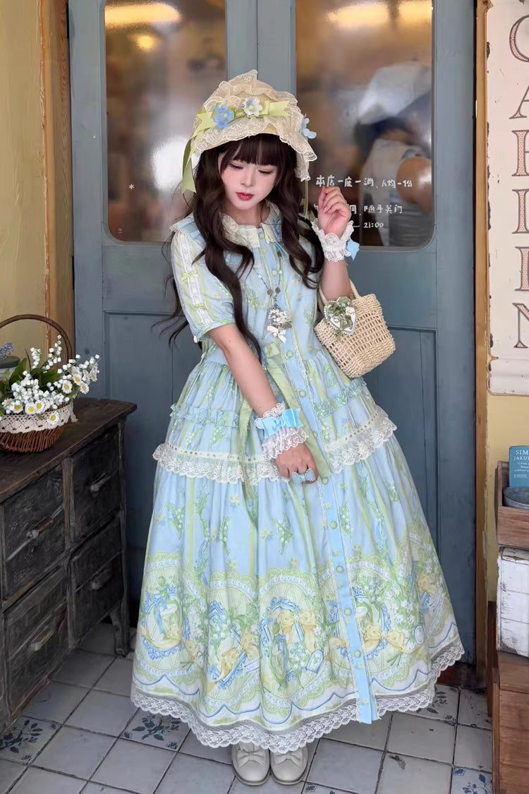 Blue/Green [Lily of the Valley Perfume] Pearl Candy Tea Doll Collar Short Sleeves Printed Lace Plus Size Sweet Lolita OP Dress