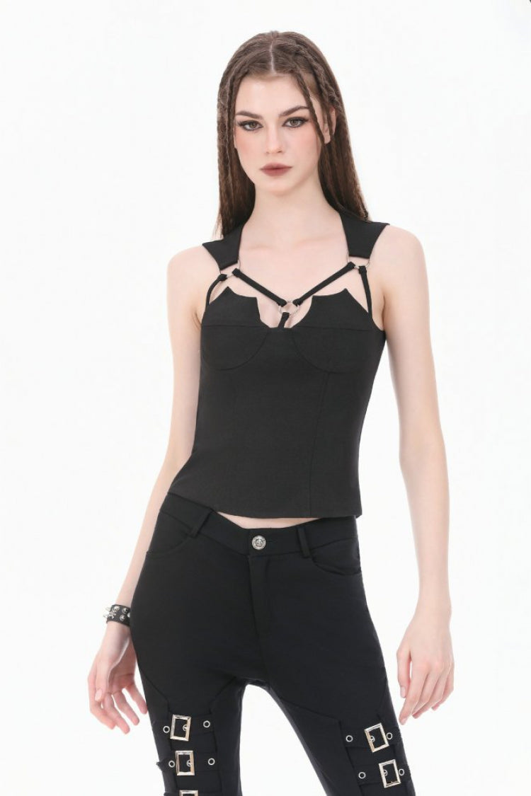Black Cut-Out Ring Women's Punk Fitted Tank Top