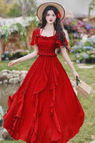 Red Square Collar Halterneck Short Sleeves High Waisted Ruffled Gothic Vintage Lolita Long Skirt Set