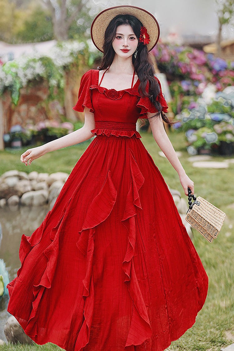 Red Square Collar Halterneck Short Sleeves High Waisted Ruffled Gothic Vintage Lolita Long Skirt Set