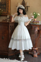 White [Flowers in the Mist] Off Shoulder Halterneck Print Ruffle Gothic Elegant Lolita Dress