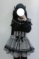 Black/White Houndstooth Print Ruffle Bowknot Lace Lace-Up Jirai Kei Japanese Skirt