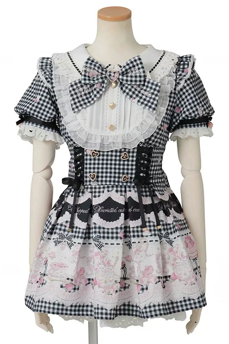 [Tea Party] Lapel Collar Short Sleeves Printed Bow Lace-Up Sweet Jirai Kei Plus Size Dress 3 Colors