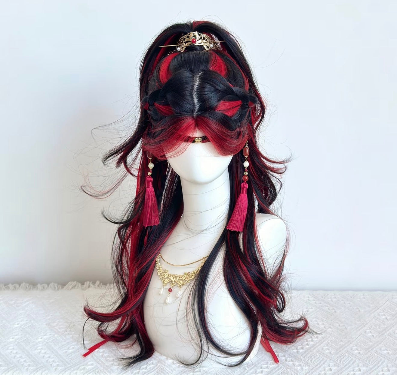 Dark Phoenix Hair Wig with Gold Crown and Tassel Accessories