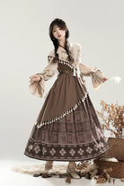 Brown [Mysterious Tribe] Long Lantern Sleeves Print Ruffle Asymmetric Sweet Chinese Style Lolita Dress