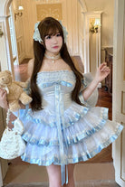 Blue [Princess Ribbon] Off Shoulder Triple-Layered Ruffle Bowknot Sweet Lolita Dress