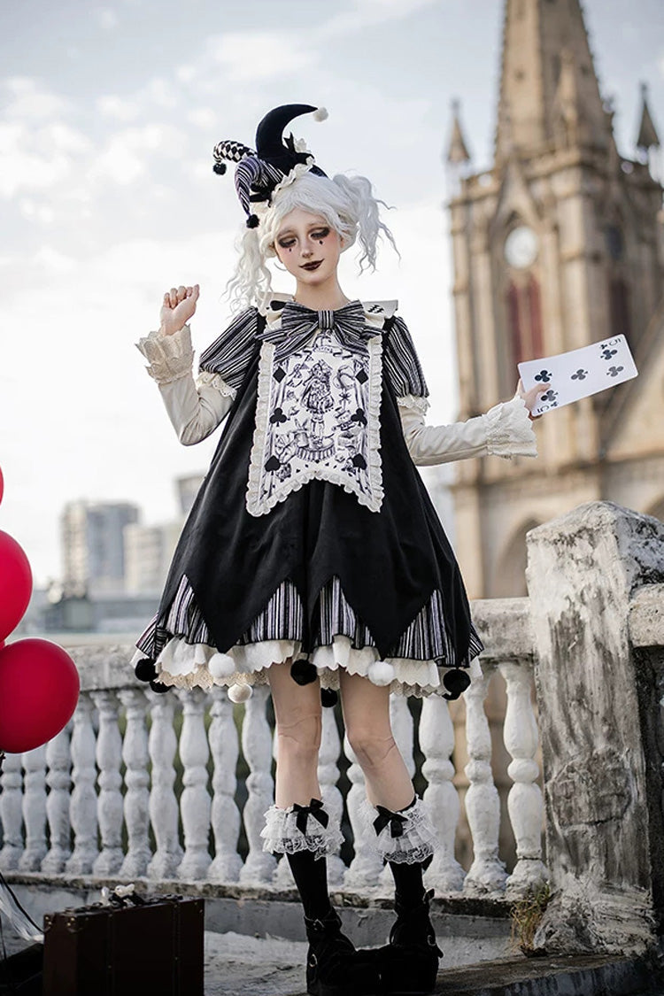 Black [Letters and Poems · Doll Mask] Poker Clown Long Sleeves Ruffled Bow Gothic Lolita Dress Set