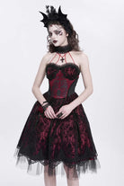 Red Halterneck Skeleton Print Embroidery Stitching Lace Women's Gothic Dress