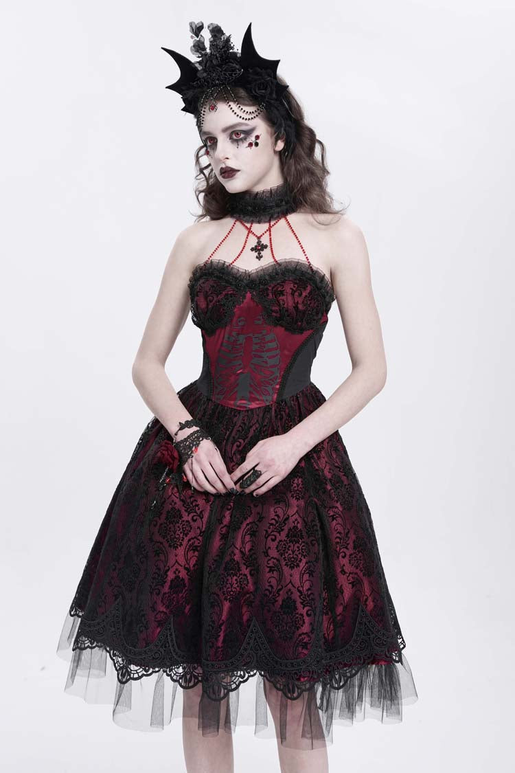 Red Halterneck Skeleton Print Embroidery Stitching Lace Women's Gothic Dress