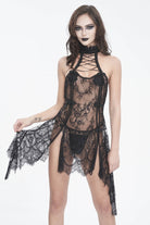 Black Lace Lace-Up Sheer Pearl-Decorated Pleated Women's Gothic Lingerie