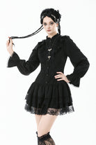 Black Long Bishop Sleeves Double-Layered Lace Hem Lace-Up Women's Gothic Dress